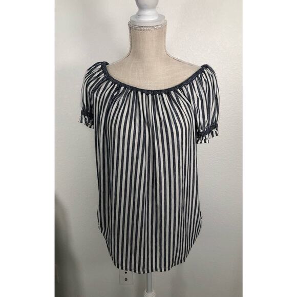 Max Studio Navy and White Off the Shoulder Ruffle Short Sleeve Top - S - Picture 1 of 4